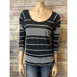 Joie Top M Medium Black White Striped Scoop Neck 3/4 Sleeve Semi Sheer